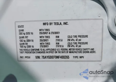 2022 Tesla Model Y Performance Dual Motor All-Wheel Drive z USA, uszkodzony, nr VIN 7SAYGDEF9NF400265